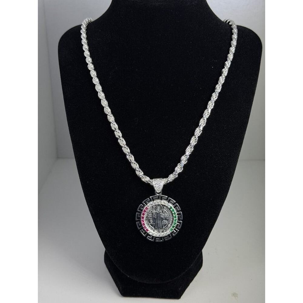 925 Sterling Silver Saint Benedict Pendant Rope Chain Necklace 24" Italy